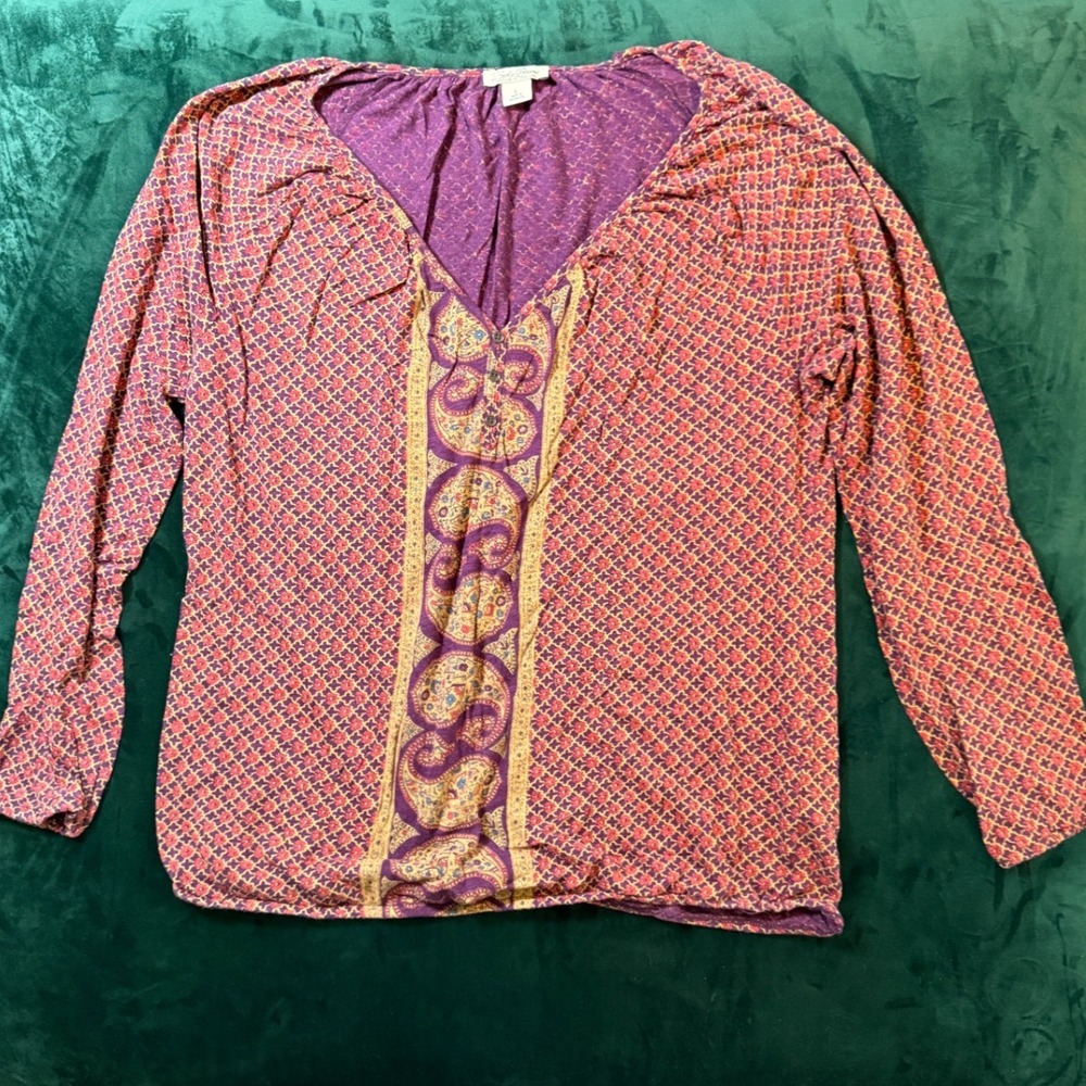 Lucky Brand Womens Purple Paisley Geometric V-Neck Long Sleeve Blouse 7WD60608 L